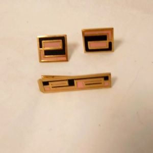 Anson Tie Clip & Cufflinks ,Pink and Black